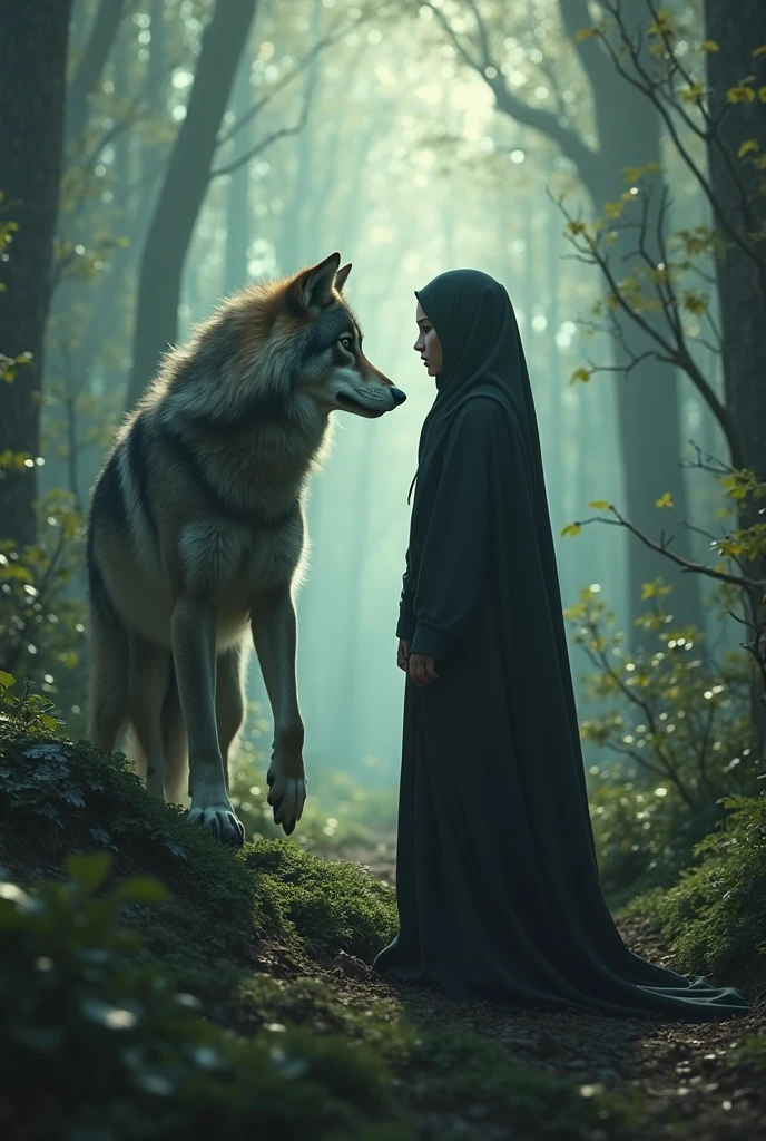 A woman and a wolf with a woman in black clothing and red lips only her face
