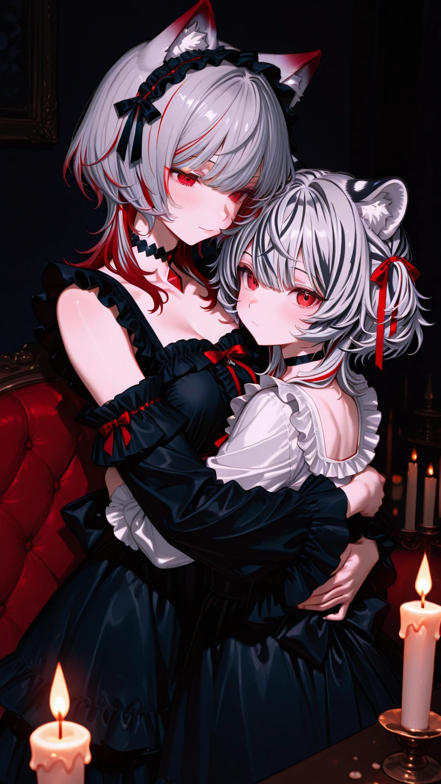 Anime filling,Two-dimensional illustration,Red hair,Half Twin Tail,shorth hair,Big eyes,A smile,a beauty girl,cute little,Super Cute,Black cat ears,Red Eyes,Ruffled Clothes,Black lace clothes,Inner colorGreen,One girl,Full body painting,A masterpiece of 2D art,(masterpiece,Top image quality:1.3),(detaile:1.2),(女の子1人) --auto