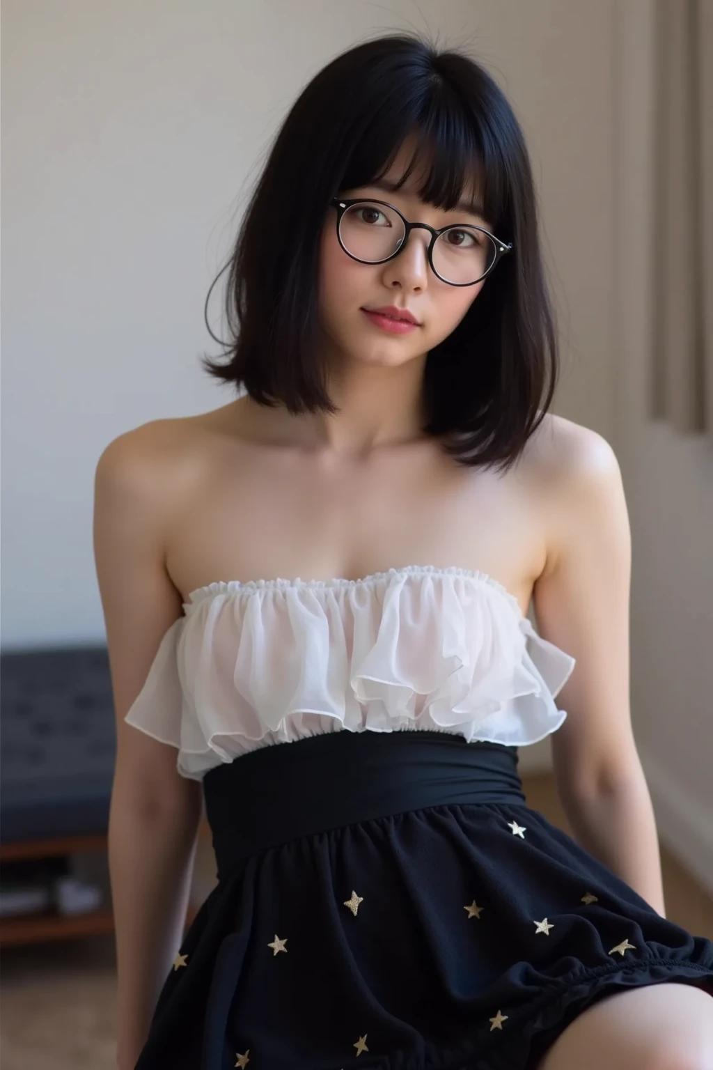 asian, glasses, topless, pleated skirt, smile, sexy pose, short hair