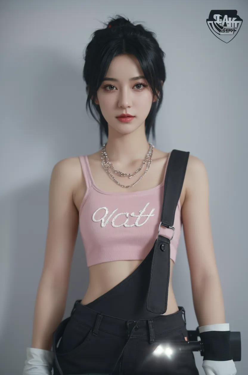 1 Kpop girl With y2k vibe long hair with bangs and surround by hearts  and electronics and with a cute heart top