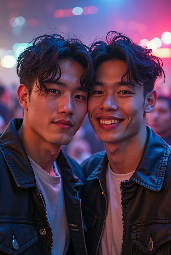 Realistic, highly detailed, Two boys, cute, korean, embrace, upper body, in the street, bangs, muscle, sexy, white thong underwear, abs, topless, city