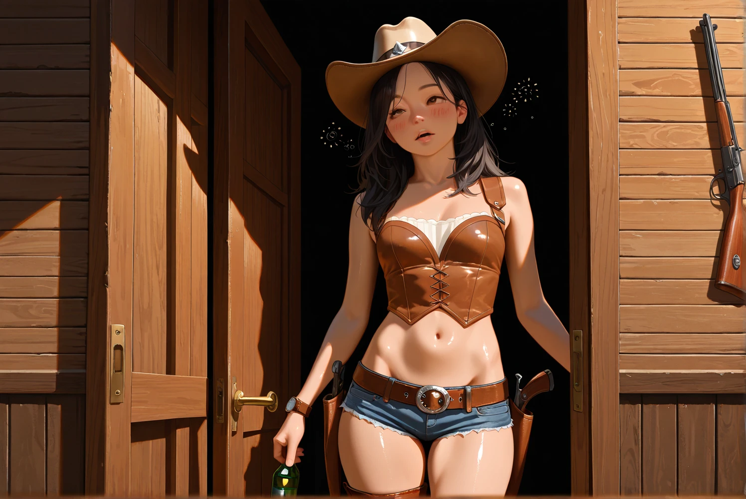 (((1 person:2.0))),(((NSFW:1.8)),(((NUDE:2.0))),(((Sexy female gunfighter:1.9))),(((Wear a gun belt with a holster:1.5))),((Wear a watch on your wrist:1.5))),(((Cowgirl Costume:1.5))),(((Exposed thin inner thighs))),(((Small breasts:1.5))),(((Bare arms))),(((Wearing Sandals:1.5))),((Blushed:1.8)), Beautiful detailed girl, Very detailed目と顔, 緻密でBeautiful Eyes, Very detailed, High resolution, Highest quality, masterpiece, Very detailed, 8k wallpaper, wonderful, finely, Highest quality,(Standing in front of a wooden wall),Beautiful Eyes,((Engage your audience:1.5)),((Full body shot:1.8)),((Place your right hand on your chest:1.5)),((Drinking whiskey:1.4)),((She has strong hiccups:2.4))),(((Are standing:1.5)))