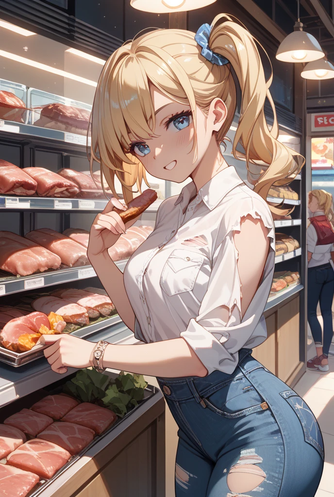 1 Girl,Kagura Mia ,white hair,Heterochromia,Half closed eyes,(Giddenmei 1.5),double braid hair,Barefoot,White underwear,White bra, (Butcher shop:1.4),(As a gift, Holding),(dirty, man juice stains:1.1)),(((exhibit))),shame,Give