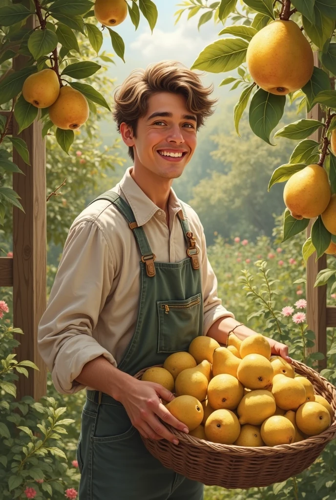 Two young cute handsome face beautiful white skinny soft skin without shirt naked big penis picking peach fruit in basket hat