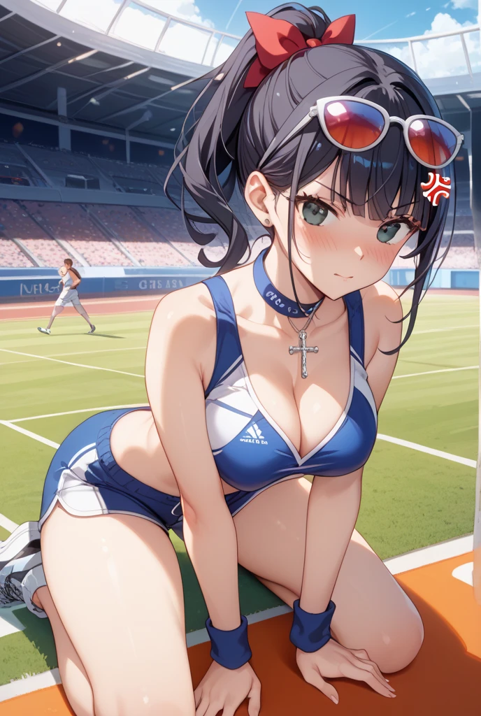 (masterpiece、highest quality、High resolution、Realistic photo、Real looking skin:1.1)、
(There is one woman:1.5)、
(A woman is taking a break as an athlete:1.5)、
(She is standing:1.5)、
(She has a happy look:1.5)、
(She is wearing an athletics uniform:1.5)、
(The track and field uniform is a separate bikini type.:1.5)、
(She is wearing athletics spikes.:1.5)、
(Her hairstyle is short brown hair:1.5)
(The location is on the athletics track)、
1 Japanese Girl、solo、Full Body Esbian、Beautiful Eyes、Shining Eyes、Shining thighs、NSFW