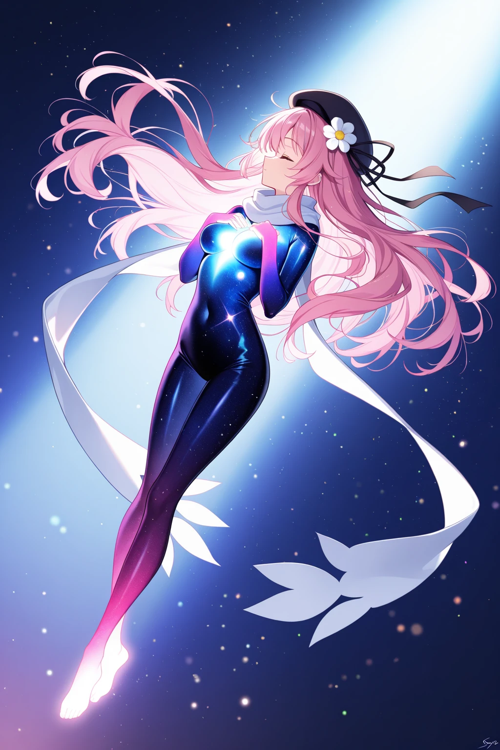 skinny, naked, high. Floating in the vastness of space in the galaxy. full-length naked. silver hair, in heels