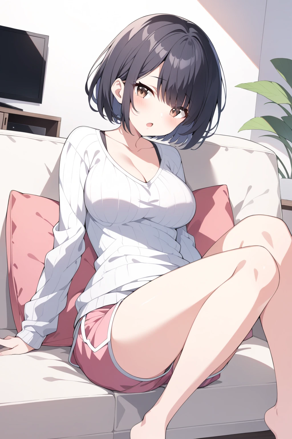1girl, solo,blunt-bangs,19 years old,short-hair,large_breasts,black-hair,red-eyes, girl,blunt-bangs,19 years old,short-hair,large_breasts,black-hair,red-eyes,leaning_back,black_tanktop,blue_short-shorts,sitting on yoga mat,underboob,navel,front_view,from_below,