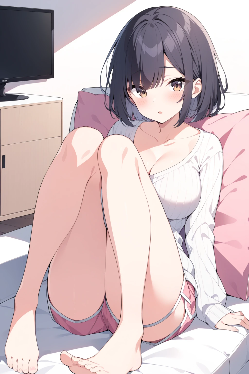 One person、masterpiece、Highest quality、Super detailed、High resolution illustrations、Improve skin quality、Increase eye appeal、Drawn in detail、Perfect body structure、Middle-aged female office worker、Lying on your back、Spread your legs、Showing panties、Show off a plain-colored bra、Are thin、Flat chest、Long black hair、Tears well up in my dark eyes、Slanted Eyes、Unpleasant、Sweat、Sigh、
