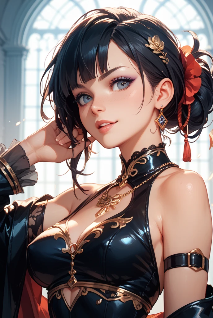 absurdres, RAW photo, extremely delicate and beautiful, masterpiece, Best Quality, ultra high resolution, 32k, hyperrealistic, ultra-detailed, in her 20s, delicate facial features, tearful mole, earring, medium breasts, full body shot, shorter middle hair, black hair, jiangshi, Spells with red letters on yellow,