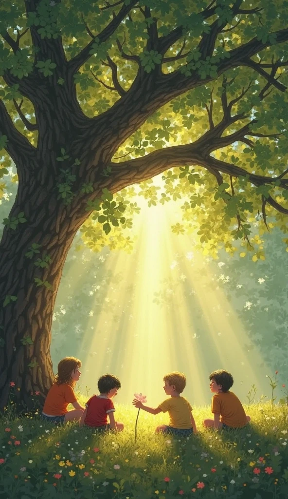 Five boys under a tree