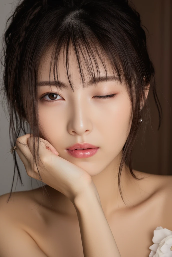 raw photo of beautiful female, looking at camera, centered portrait upper body, Japanese beauty, slim perfect face, natural look, playmate, wavy hair, wet hair tied in a bun, supermodel, wet skin, pale skin, blushing cheek, very very small bust, closing eyes, feeling ecstasy, nude skin, in photo studio