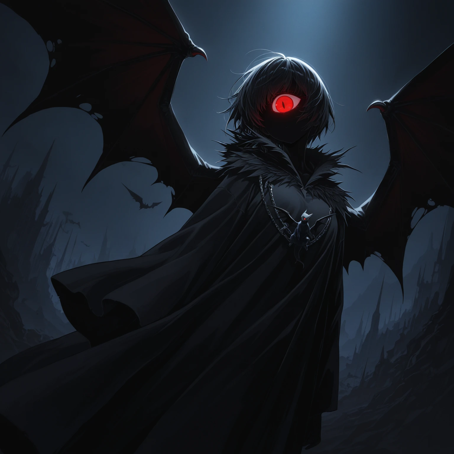 Solo-man, tall man, slender, shoulder length black hair, amber eyes, psycotic eyes, evil smile, gray robes, black cloak, leather gloves