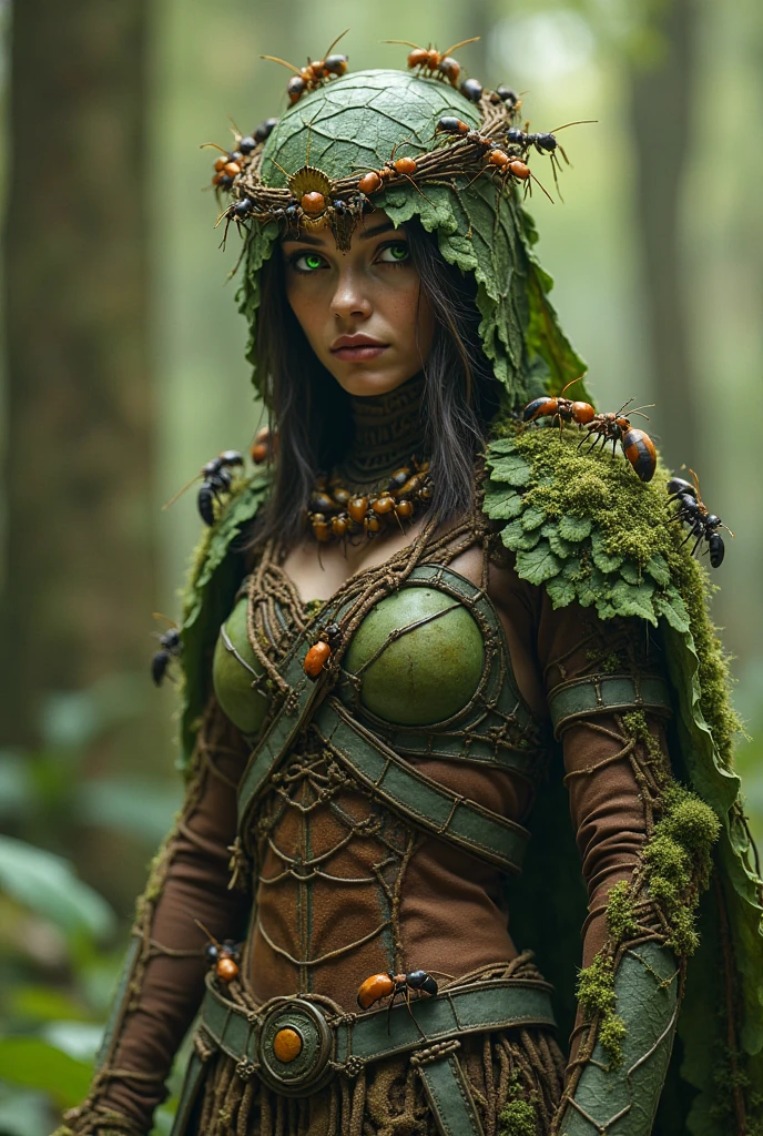 Create A whole body mythical  creature that has this following features
- wearing a long hoodie
- the hoodie cover is like a leaves
- this creature dwells in trees
- an old human like form
- the body is like a wood 
- it should be like a character from a dark fantasy
-it should be a woman
