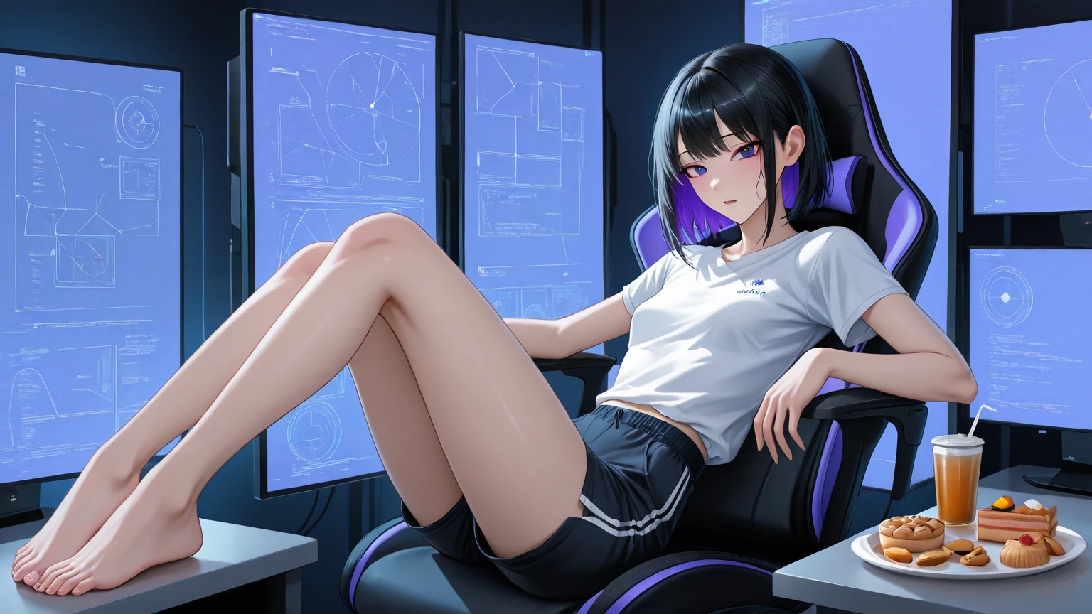 Uma garota de 16 anos, hacker and rebel technology expert who fights against oppressive systems and for freedom of information. She is in her cozy and relaxing room
