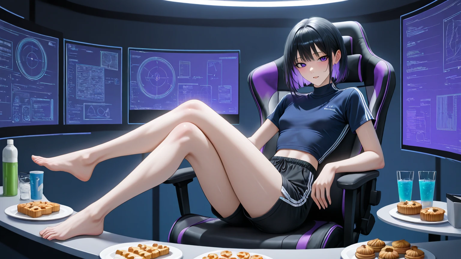 She is purple haired who is sitting in the mucus alone