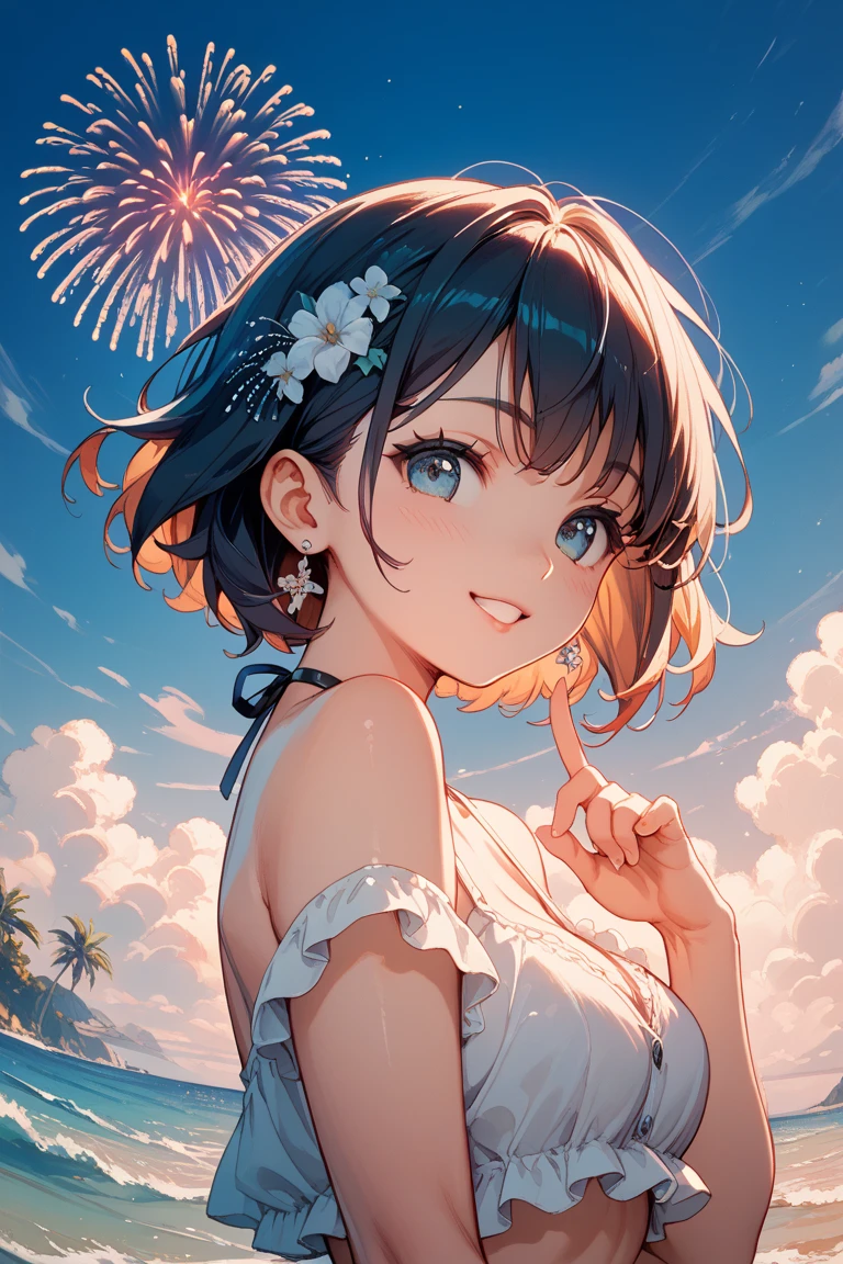 Anime cat-eared girl in bikini with cat ears, shoulder looking, anime drawing by Yang J, pixiv contest winner, serial art, digital anime illustration, kawashi, anime style illustration, anime style 4K, beautiful anime portrait, anime style portrait, anime style artwork, Guweiz style artwork, Anime Illustration, Digital Anime Art, Detailed Digital Anime Art, Beautiful Starry Sky, Fireworks