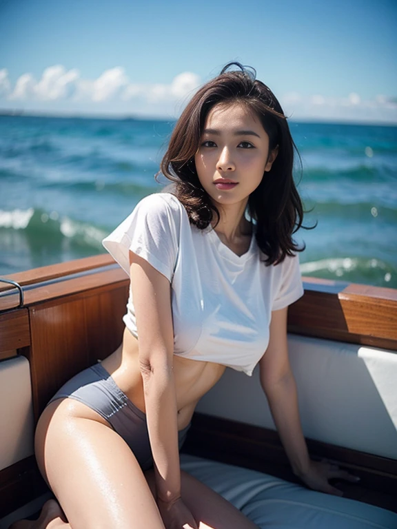 ((Best quality, 8k, Masterpiece: 1.3)), Contour: 1.2, Perfect body beauty: 1.4, Butt: 1.2, ((Layered haircut, Round chest: 1.5, cleavage exposed) ), (sunny, boat: 1.3), bikini: 1.1, Highly detailed face and skin texture, Beautiful eyes, Double eyelids, White skin, Long hair, (Silent: 1.3), Full close ,Ultra HD,8K, on all four, suggestive smirk, on a boat, sunscreen on chest