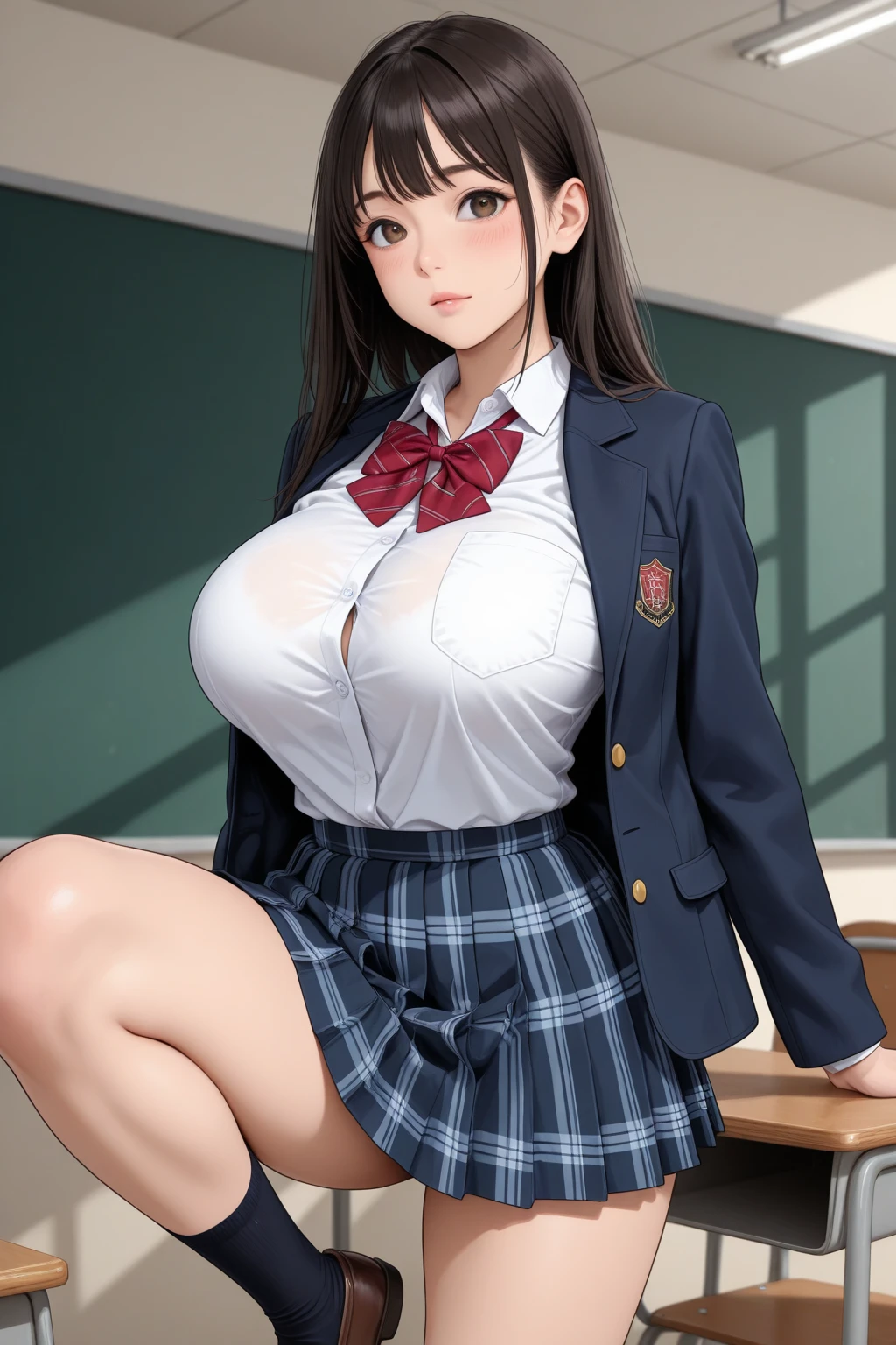 licking my dick、cum on chest、Nude Models、hi-school girl、Classroom、sexypose、brownish hair、校服、(Brown blazer)、Ribbon Ties、(Green and gray plaid skirt)、(Black tights)、Undress、Semen in cleavage、agitation、cum on chest、masterpiece、highcontrast、cinematlic lighting、Detailed shading、top-quality、Top image quality
