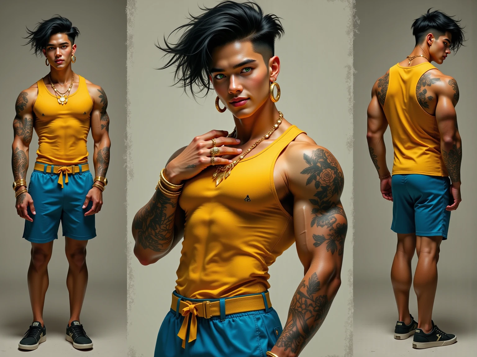A masculine man with purple lights coming out of his eye orange cap backwards,shirtless tattooed with gold chain saying rich,with green pants and green slippers
