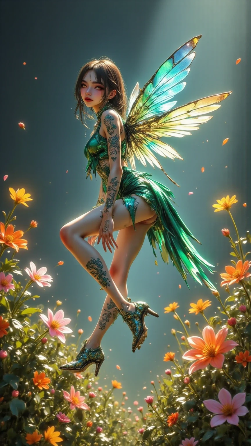 A beautiful fairy with bright blonde hair, tinkerbell, posing on a leaf, revealing her from behind, delicate and detailed face, intricate butterfly wings, ethereal nature fantasy, luminous soft lighting, pastel color palette, whimsical storybook style, High quality 8K, work of art, photorrealistic