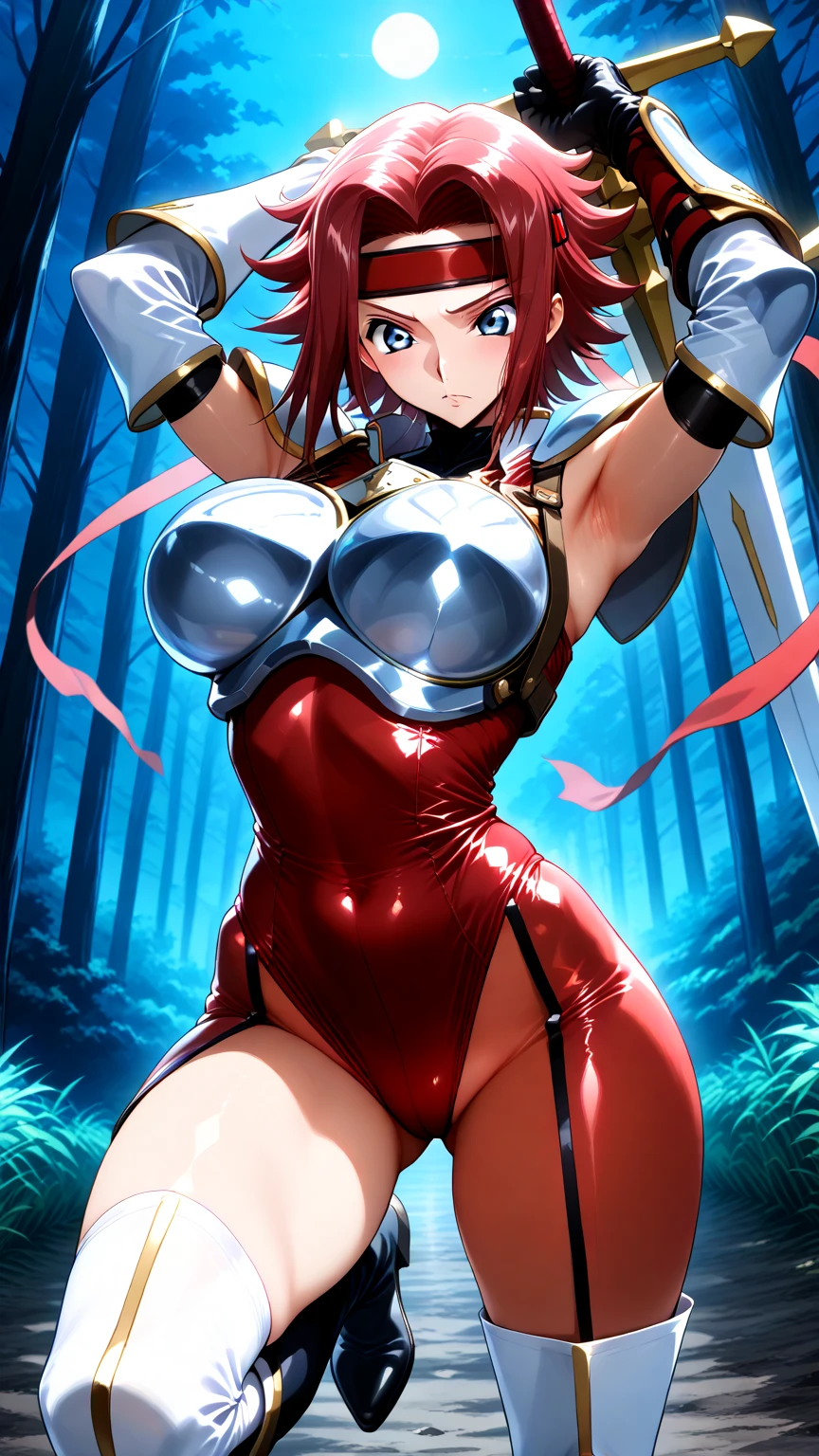 Anime, pov, clementine \(overlord\), girl, red eyes, small pupils, (masterpiece, best quality), (official art), absurdres, high resolution, depth of field, armor, Nsfw, midriff, (sinister tone), (medieval tavern setting), (detailed background), garter belt, stiletto swords, accurate
