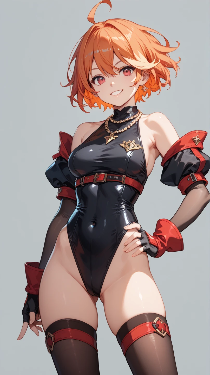 (Masterpiece), Best Quality , ultra-detailed, 1girl (Gwendolyn_Tennyson, breasts, orange hair, short hair, , red eyes, half-closed eyes), a evil face, smirk, solo, , purple latex leotard, bare shoulders, sleeveless, brown pantyhose, purple long gloves, in the room, night time, standing, Sexy waist teasing, a provocative pose, , from_below