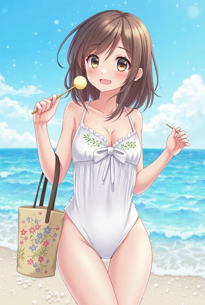 masterpiece, best quality, flat colors, 1girl, 19yo, slim, (small breast), (blue sundress), (holding ice-cream:1.4), topless, nipple, blue sky, bright, watercolor