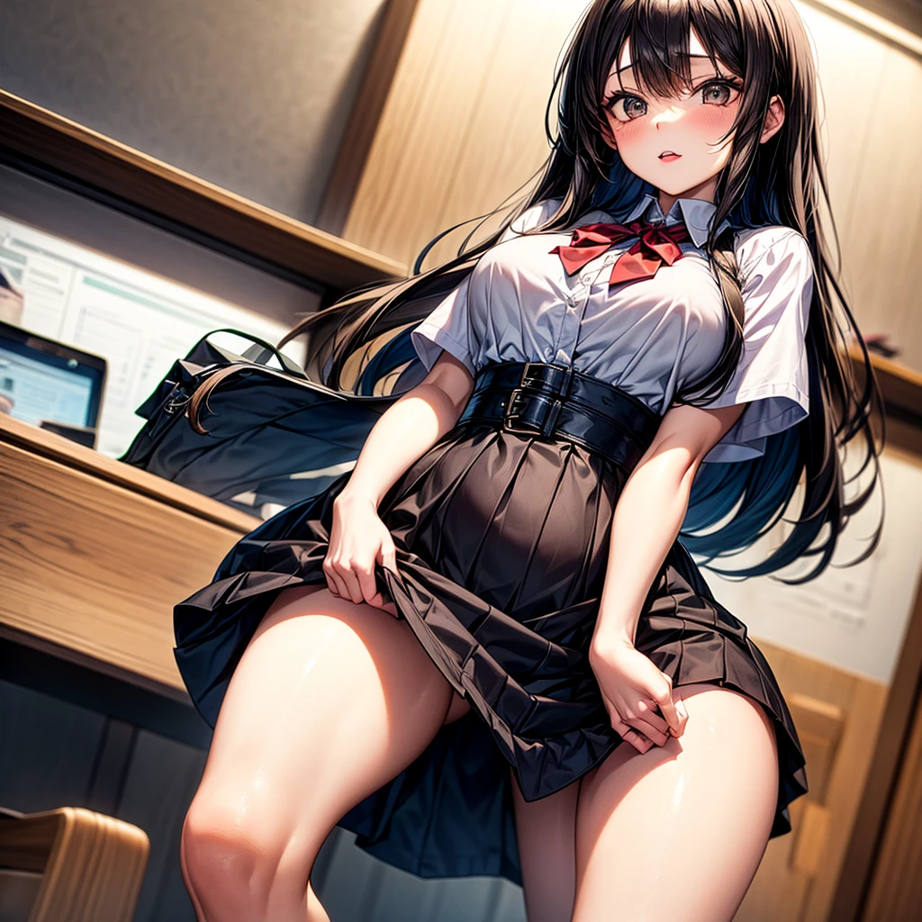 Black-haired high school girl wearing a plaid skirt、Camel hoof、clitoris、No panties、pussy juice、embarrassed from、Sheer nipples、、red blush、Teary-eyed、masturbation、Open your crotch、masturbated、cum on、orgasm、Longhaire、Open the vagina,vagina,Pussy、Manjiru、book library