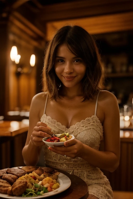 (((​masterpiece))),(((best quality))), Carmella Diaz, Slim and toned brunette Spanish photographer 18 years old, huge breasts, College Girls, tanned skin, loose ponytail, soft face, sporty, is naked, darkness, neckline underboob, SPIRIT, best quality, High resolution, ​masterpiece: 1.3), ​masterpiece, Perfect slim body, big huge chest, big beautiful eyes, gentle smile, A close-up of a woman, beautiful design, rustic, very beautiful elegant style, beautiful ​masterpiece, fine details, wear beautiful clothes, illumination, bright colors, clean lines, ((detailed facial features)), (finely detailed skin), tanned skin, realistic skin texture, Extreme Hautdetails, ​masterpiece in bester Qualität, photorealestic, hyper-realistic, detailed, 8k, HDR, (Soft color: 1.2), shallow depth of field, broad light, high contrast, Contre-Jour, blooming, light flashing, chromatic aberration, keen focus, RAW color photo, no background blur, ((no piercings)),sitting at a table in a restaurant with a plate of mixed salad with tomato pieces, she is wearing a lovely dress