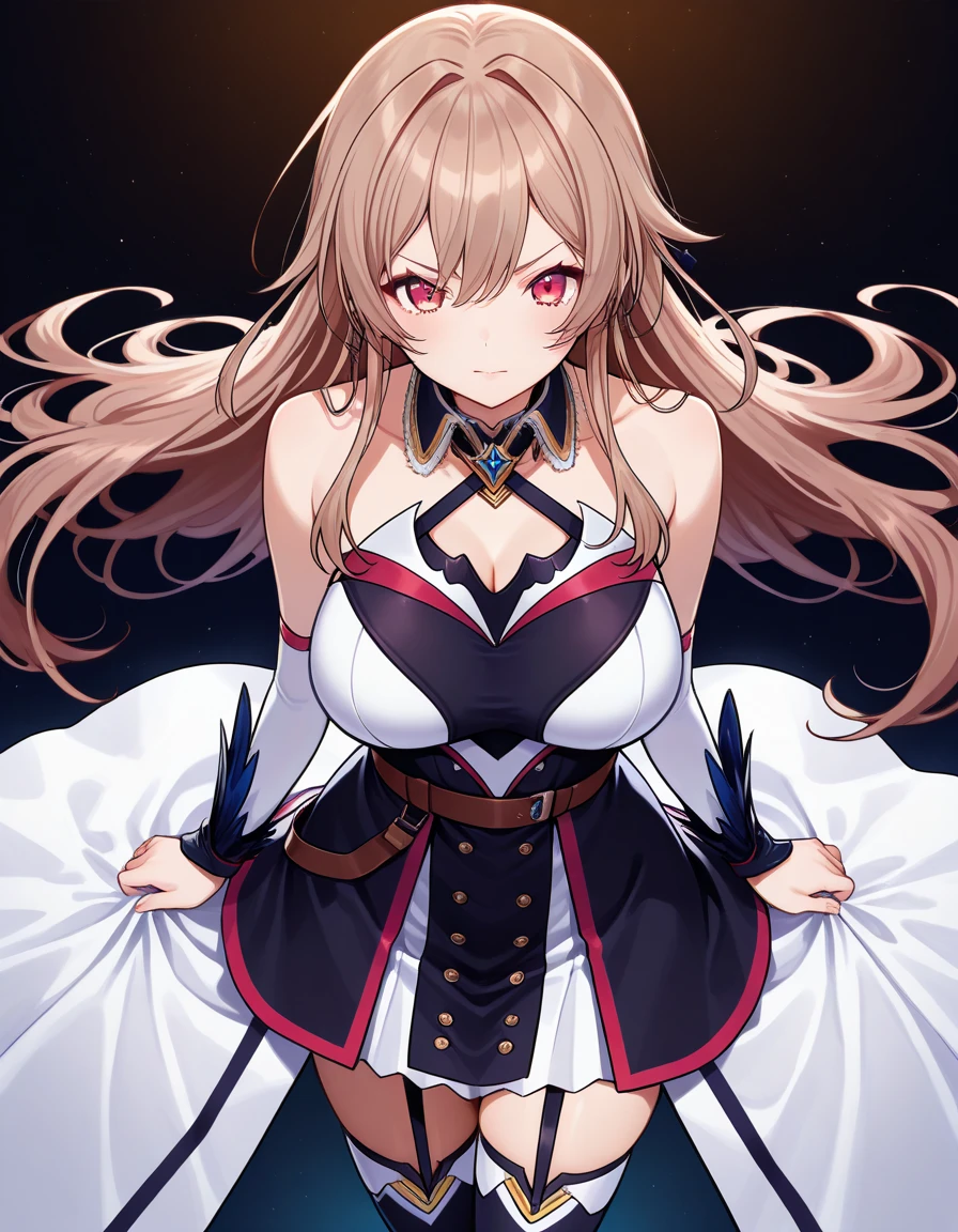 Best Picture Quality，magnifica，touhou character，Eastern Project，western，Frandoldew，Red pleated dress，white short sleeve，Yellow neckline，Wings with colored crystals，Yellow hair，Delicate skin，Lori huge breasts cleavage，