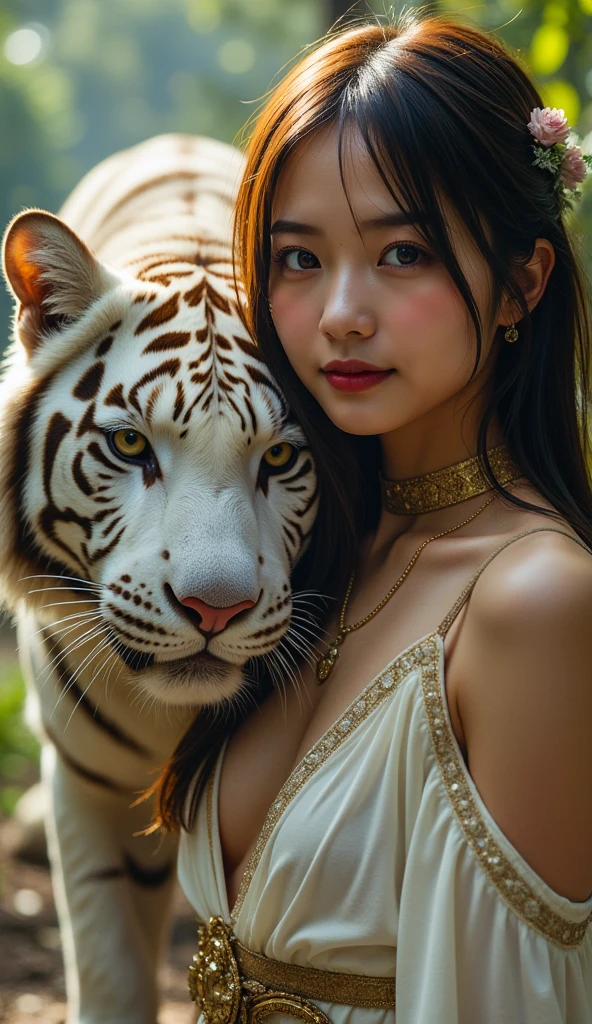 Beauty and white tiger,In the forest,closeup cleavage,tmasterpiece,illustration,4K Ultra HD, 超高分辨率