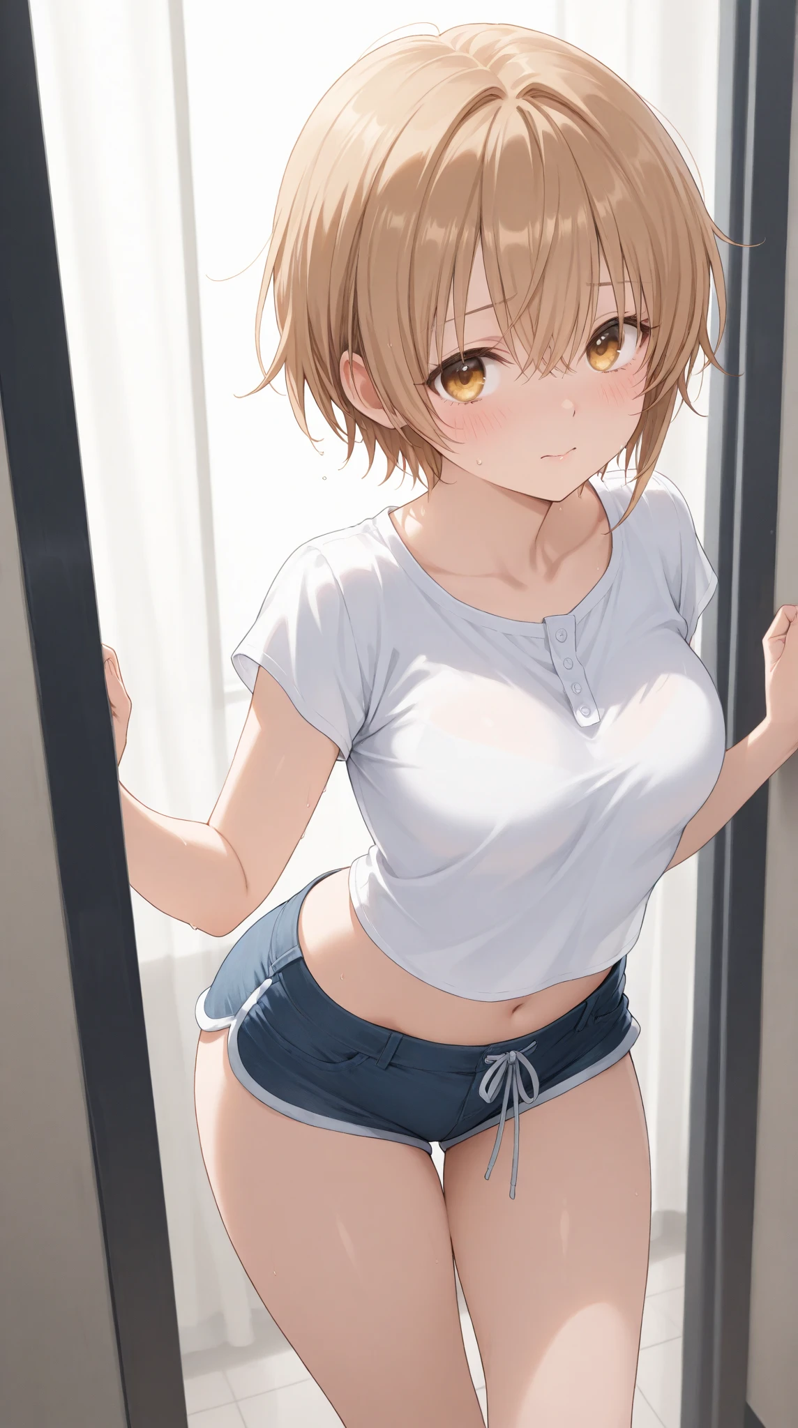 (masterpiece), (best quality), (ultra-detailed), (extremely detailed cg), (a extremely delicate), (perfect lighting), (8k), (dynamic angle), (sharp image), vibrant colors, female, masterpiece, best quality, depth of field, cinematic lighting, masterpiece, best quality, ultra-detailed, colorful, vibrant, large breasts, thighs, mature female, an anime picture of a sexy lady undressing her skirt in her room,undressing pose,arms holding t shirt up,skirt removed, light blue panties, white t shirt, clothes, light blue bra, light blue panties, ((standing)),arms inside shirt, legs open, , bedroom, lampshade, chandelier, day, indoors, embarrassed, 1girl, small breasts,, collarbone, blush,embarrassed ,8k photo, high resolution, sweaty girl, spread legs, , looking at viewer, looking from down below , ((wet skin)),((sweaty skin)),ChaHae-in, short_hair, bangs., bob_cut, blonde_hair, side bangs, shy expression,short hairs, blonde hairs,1girl, skirt removed, panties