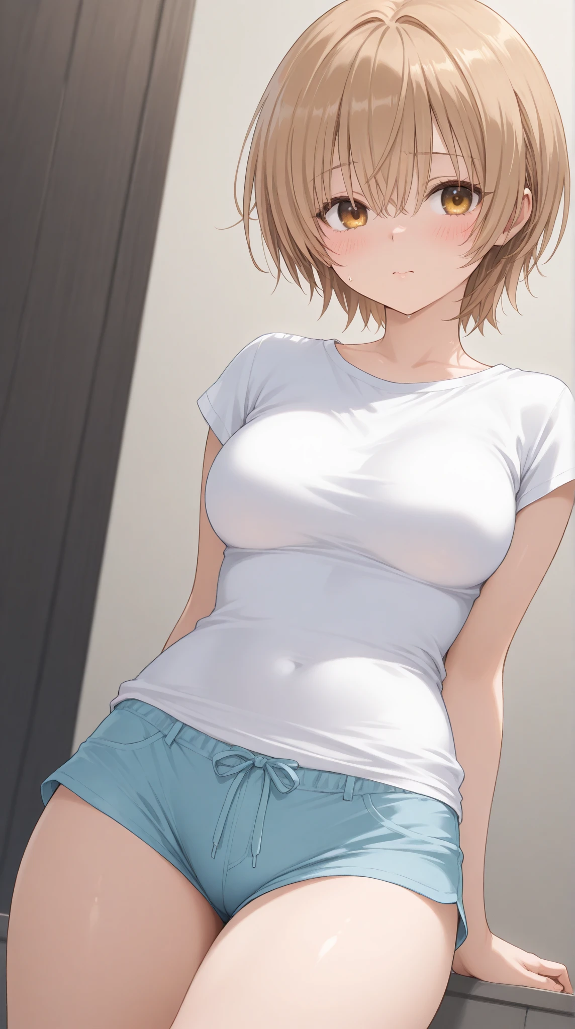 Masterpiece, 4K, Best Quality, Misaka Mikoto, Ribbon, Tank Top, Latex Shorts, Standing, Armed,Random Pose,(breast focus:1.4),(show off nipples:1.6), (exposing bare breasts:1.6), (exposed chest:1.6), (no bra:1.6),(t-shirt lift:1.6), nsfw,
