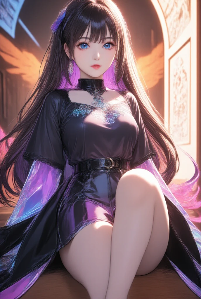 Royal sister, black hair, purple eyes, glowing eyes, short skirt, parted lips, earrings, blush, villa, handbag