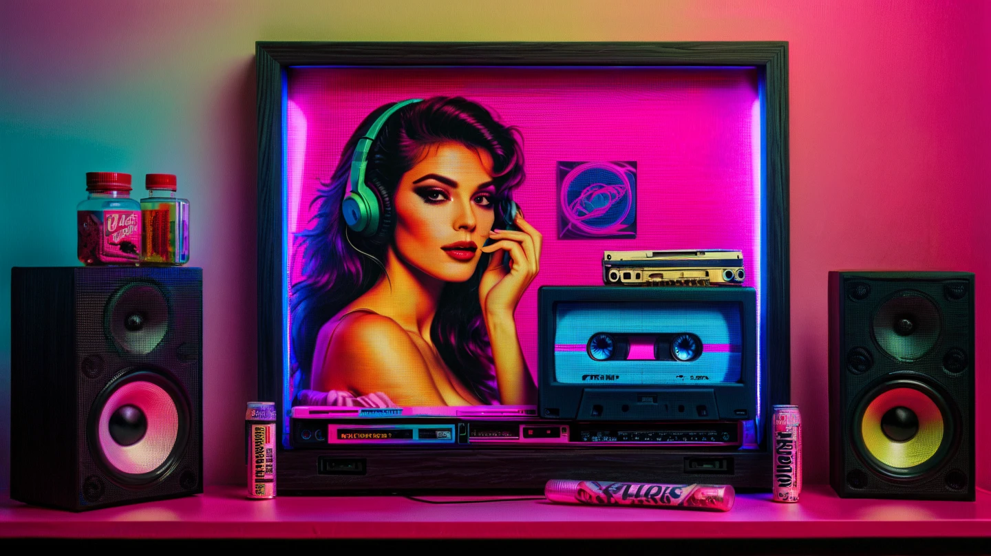 Framed, capsuled, pils, drugs, medicine,80's, cassettes, speakers, Vaporwave Aesthetic style, synthwave, sexy woman,