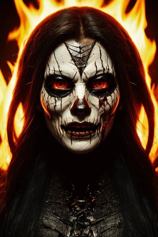 In the heart of a chilling and macabre scene, the Jahanam Woman stands as a terrifying specter. Her countenance is a testament to despair and suffering, her face shattered and contorted in a permanent sneer. The harsh light casts an eerie pallor upon her skin, highlighting the sharp angles and jagged edges of her features. Her tongue, like a serpent's, is forever poised for a venomous strike, emanating a palpable sense of dread and malevolence.

Surrounding her, a chorus of twisted, bloodied puppets dangle from unseen strings, their lifeless eyes fixed upon the living nightmare that