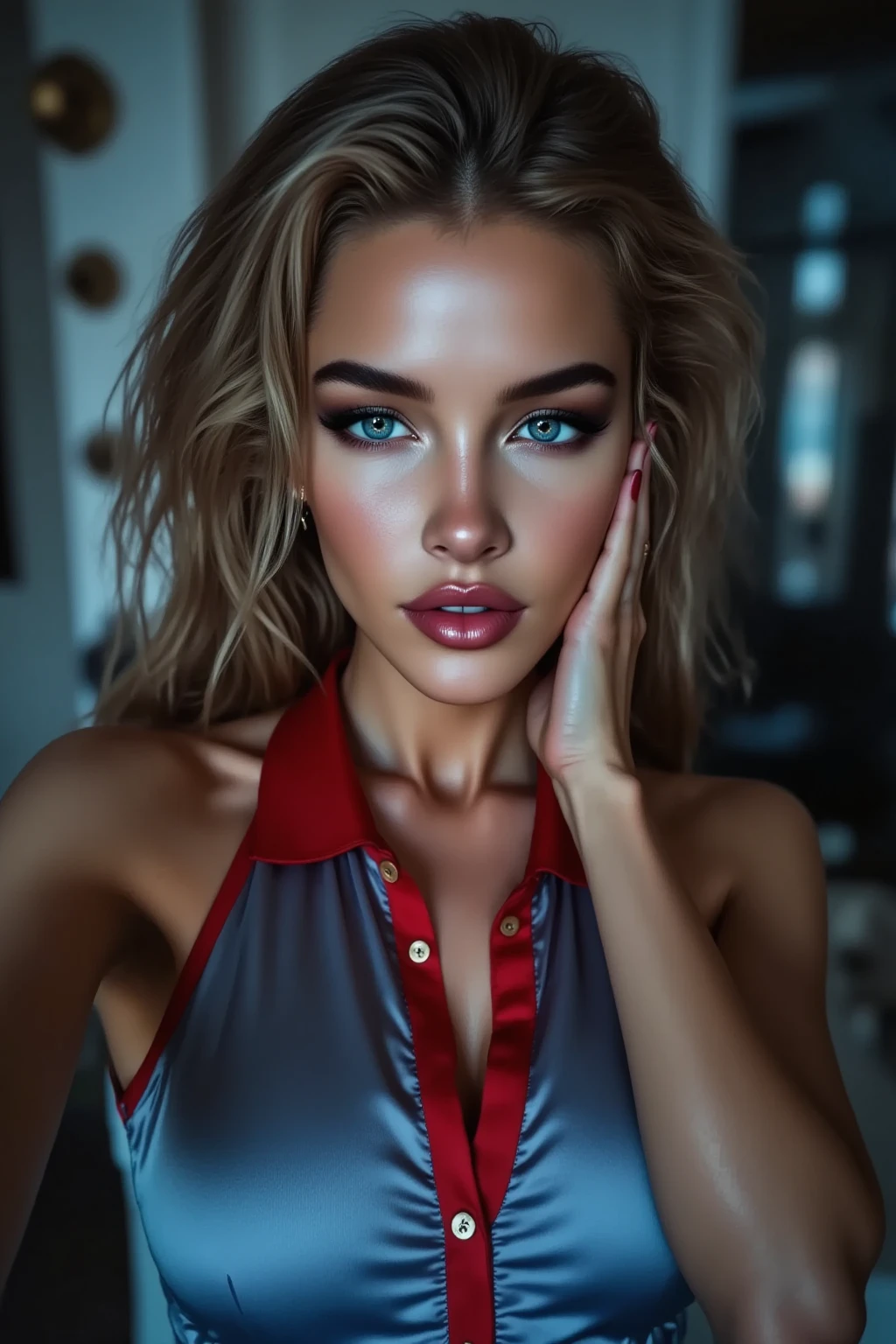 top-quality、8K Masterpiece、超A high resolution、(Photorealsitic:1.3)、Raw photo、女の子1人、20 year old Eastern European woman,ue,blonde hair、glowy skin、1 Cyberpunk Super Beautiful Soldier、((super realistic details))、portlate、globalillumination、Shadow、octan render、8K、ultrasharp、beauty breast、Raw skin is exposed in cleavage、metals、cold color、、highly intricate detail、Realistic light、CGSoation Trends、Beautiful eyes、radiant eyes、Facing the camera、neon details、Crawling on all fours in the back seat、Night drive、deep in the night、Ecchi Face、Naughty atmosphere、Seductive eyes