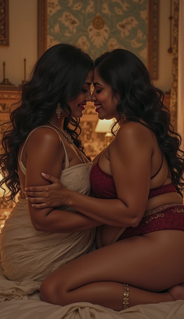 (((Two Curvy bhabhi in satin jumpsuit salwar lying))), (((young women))), (((lesbian))), (((kissing))), (((curvy ))), (beautiful), (hugging), (knee between thighs), (boobs nipples), (thick), (cheating) (full body on camera), full body, touching, Silk, passionate, full figure, toned figure, squeezing, leg on thigh, Scissoring legs, Complete body,
