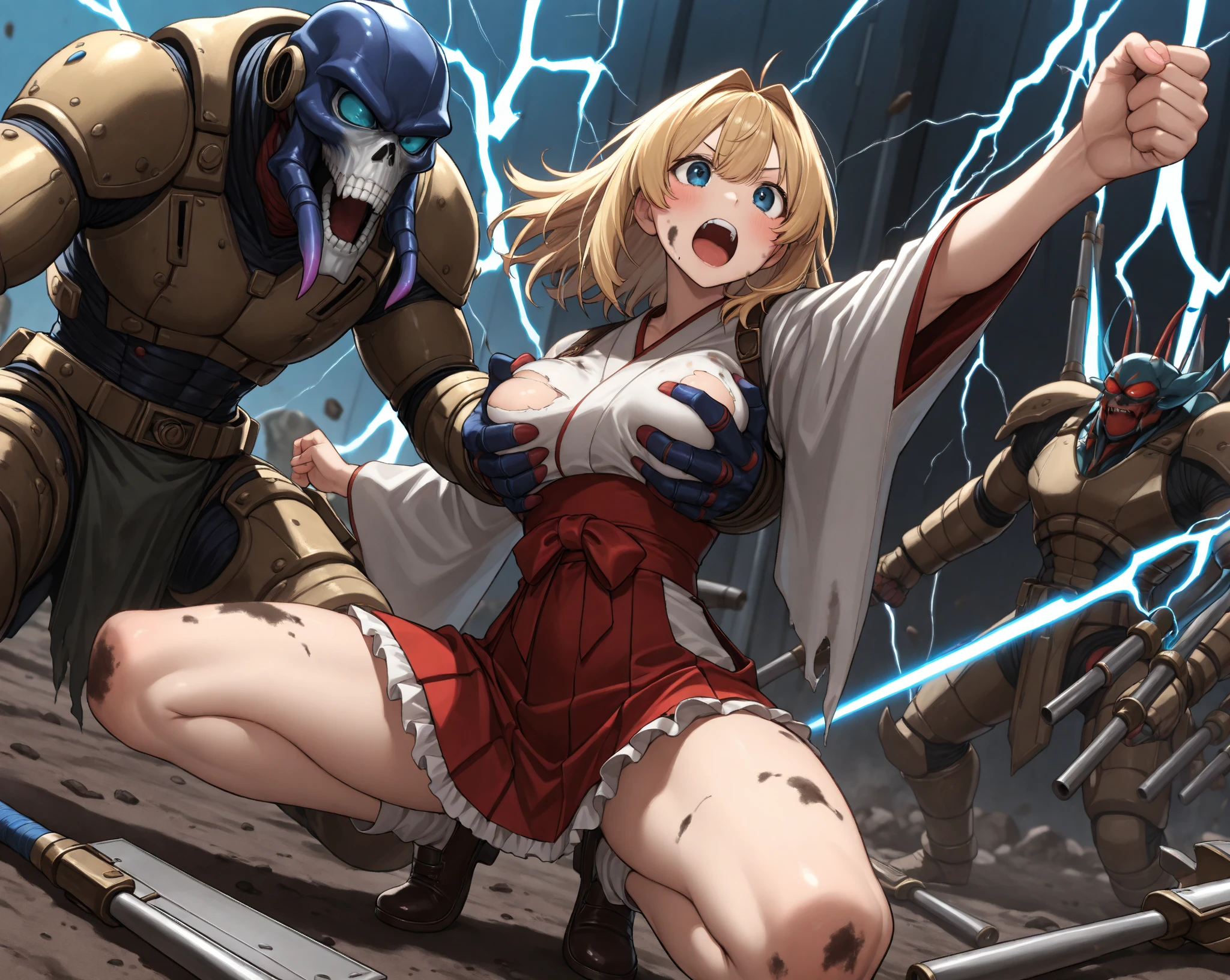 shiny,masterpiece, best quality, gigantic breasts, fighting stance, shiny skin, detailed face,scenery,city, monster,