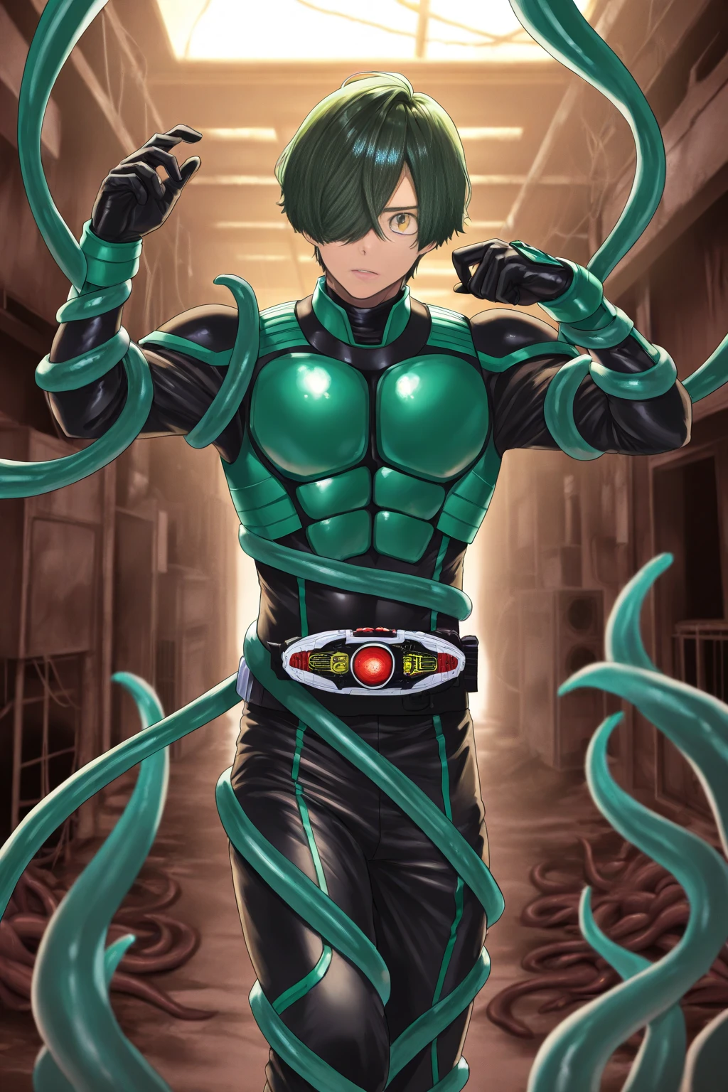 A man, green hair, green eyes, Rin Itoshi, from blue lock, full body, anime, handsome, white background, Indonesian high school clothes,Stand facing forward, camera straight