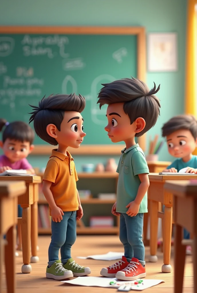 imagine prompt: 3D, personality: [Illustrate a wide of Aman and Rahul sitting together in a school classroom filled with posters, books, and colorful decorations. Aman is animated, with an open smile and engaged body language, while Rahul is shyly smiling, looking slightly down as he fidgets with his pencil. The bright atmosphere reflects their budding friendship] unreal engine, hyper real --q 2 --v 5.2 --ar 16:9