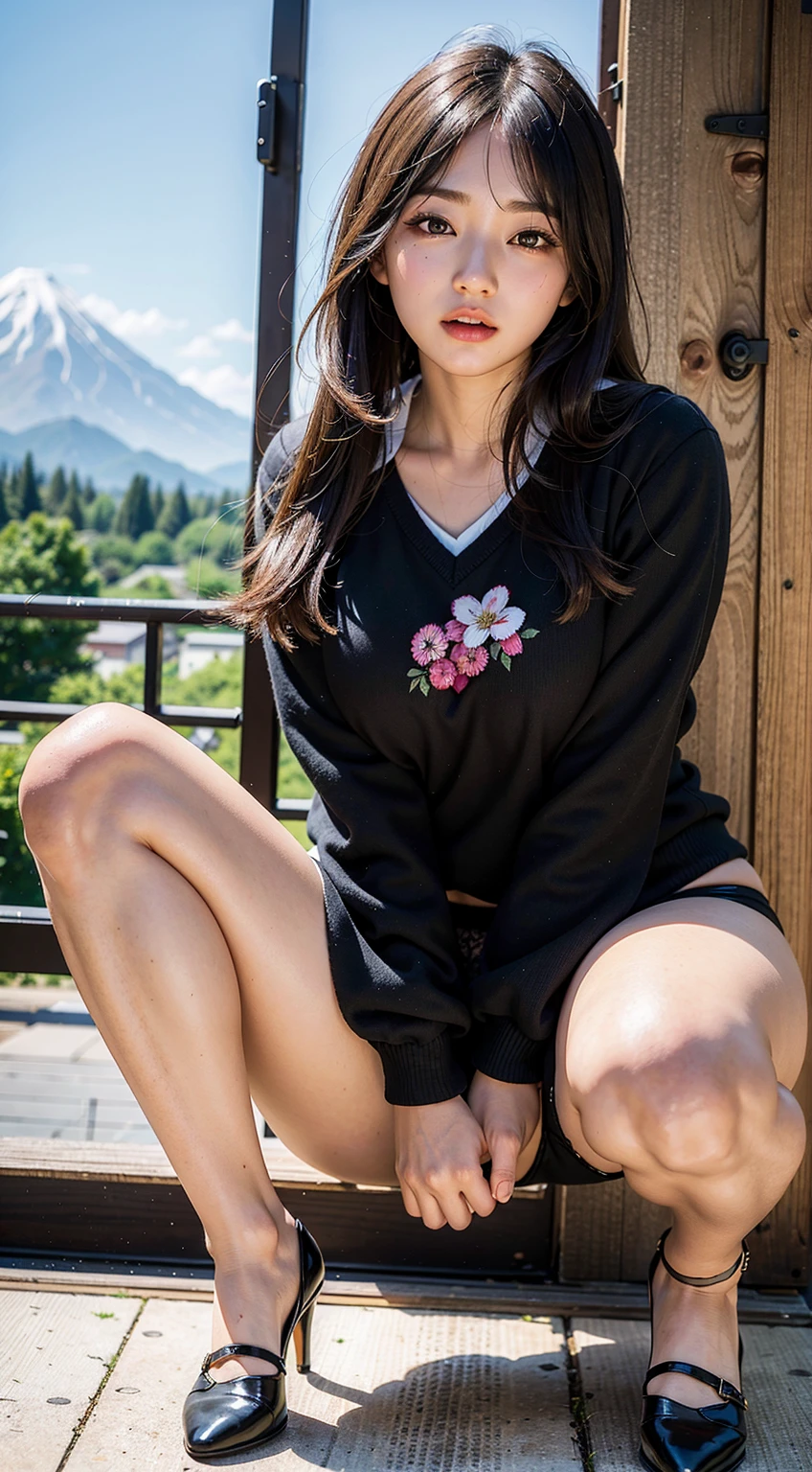 8K, RAW Portrait (Japanese women),masterpiece、Photorealistic:1.2、Realistic, Ultra-high resolution, Highest quality, Real Life Photos ,( During the day :1.1), ((((1 female:1.5)))), (((In the bamboo forest)))、(Cute face:1.3)、Japanese women,((College Girl Fashion))、((22-year-old woman))、((Polo shirt、Jacket、Pleated mini skirt、sneakers))、 Short Hairstyles,Slender body,、In the room、 、big, beautiful, beautiful目, Black Hair,(Written boundary depth:1.3)、 ((Dark brown eyes:1.2))、(Realistic skin texture:1.3)、(Immersive atmosphere:0.8、Chiaroscuro:1.2) 、(Look Viewer:1.4)、((Embarrassed look:1.4))、((Red cheeks:1.3))、((From belowの青空:1.2))、(smile:0.7)、((shot))、((A woman rolling up her skirt))、((From below:1.48))、((Crotch close-up:1.52))、((A photo highlighting white panties))、the most beautiful woman in the world、the most beautiful woman in the world、((Spread your legs out to the side:1.4))、(While wearing a miniskirt),((Showing panties to the camera)),