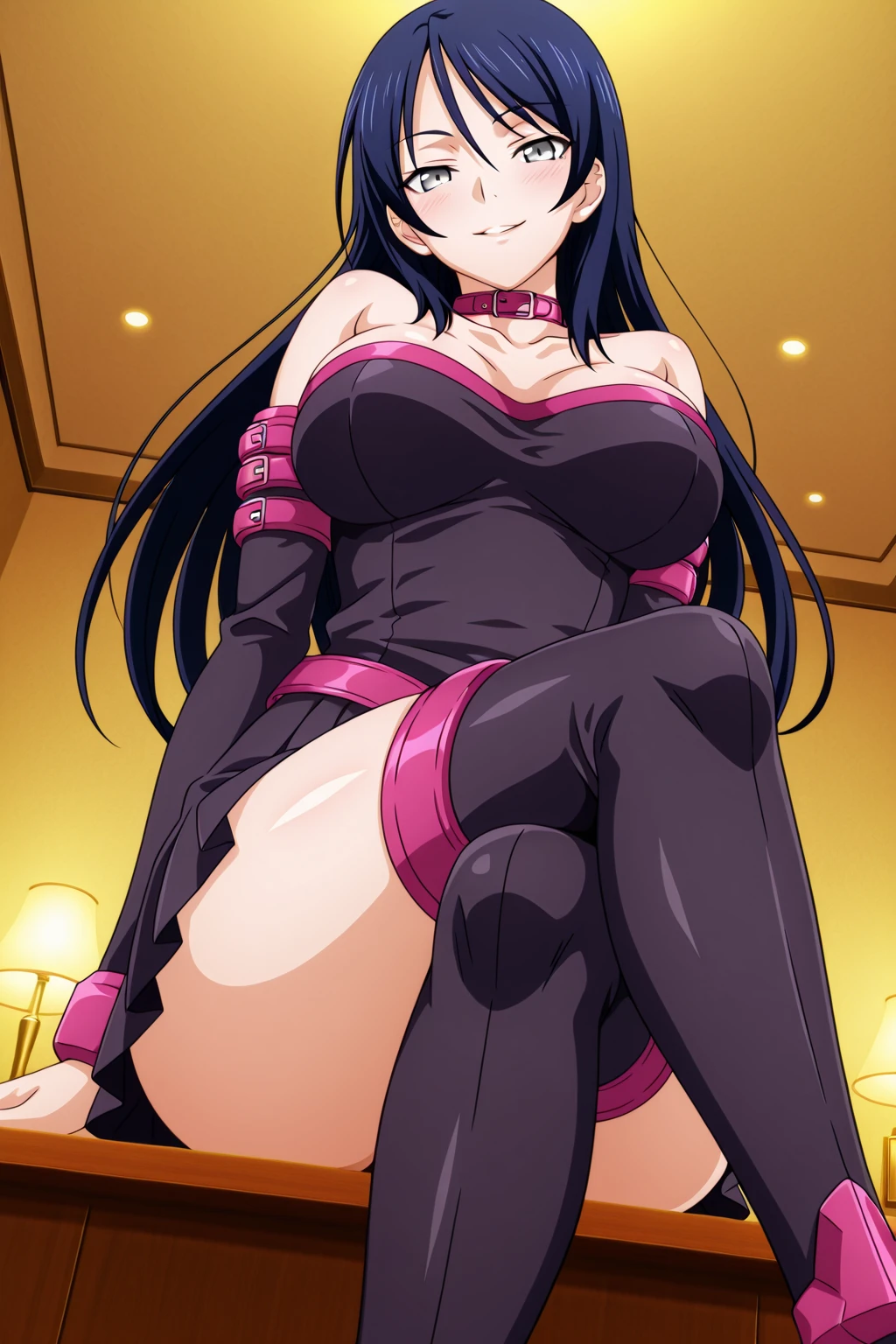 kneeling, (((pink playboy bunny))), pink pantyhose, pink leotard, rabbit ears, red bowtie, pink footwear, wrist cuffs, high heels, luxury room background, kanu unchou, anime cels style, best quality, high resolution, 1girl, (huge breasts:1.3), beautiful face, black hair, long hair, ((hair over one eye)), blue eye, navel, cowboy shot, smiling