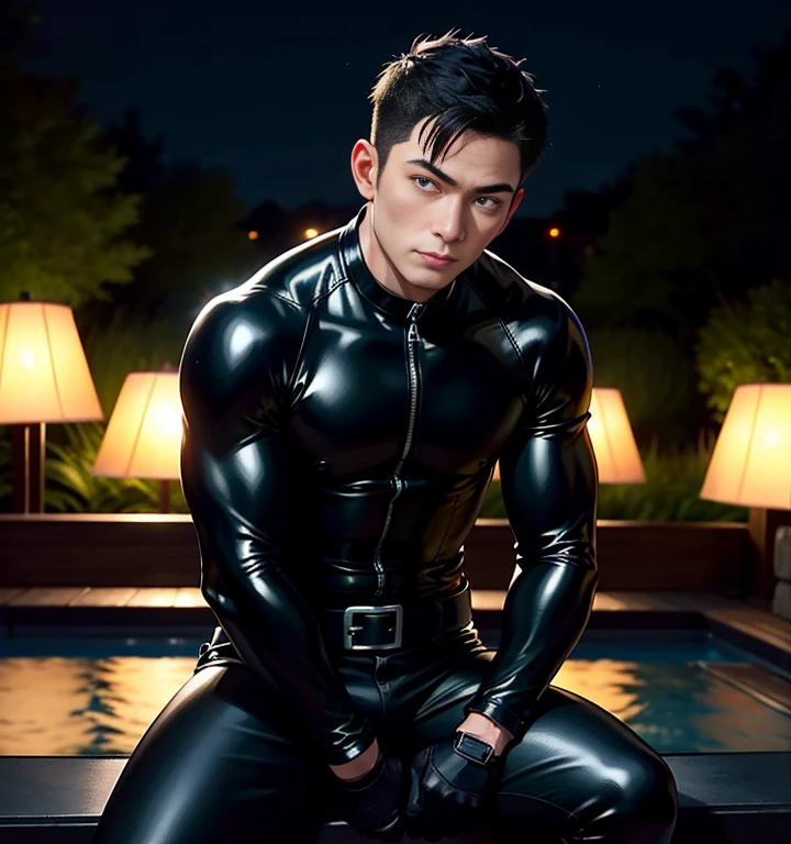 American classic comic book art: Josuke, handsome young man, short blue-black Elvis hair style, wearing an open black leather jacket, black tight black gymnast outfit, black gloves, nice big butt, fleshy thighs, young face, freckles , male body ,lips, black sleeves, glossy black tight leggings, beautiful tight shiny black leggings, male chest, prancingbutt city night, bluish light, holding a rifle, sniper, mounted on motorcycle,bridge, button on jacket, hot big butt, bully, classic comic book