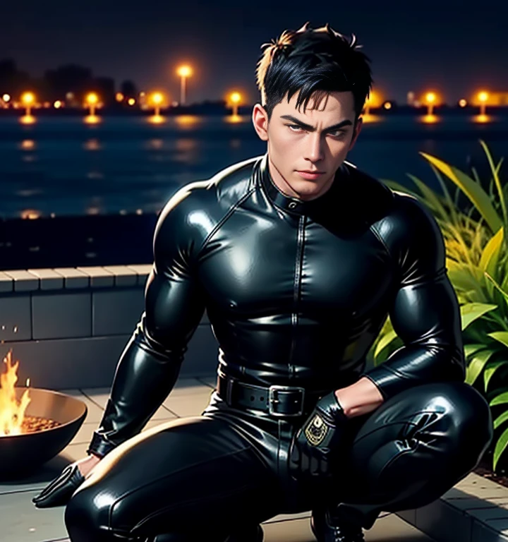 30-year-old handsome man、Black bodysuit、Shocker Belt、logic肉質、Cliff in the mountains logic,Gay ,Lying on your back Fallen The crotch area of the pants is bulging Scream Close your eyes Sticking out tongue Dirty in muddy water. View from above.。