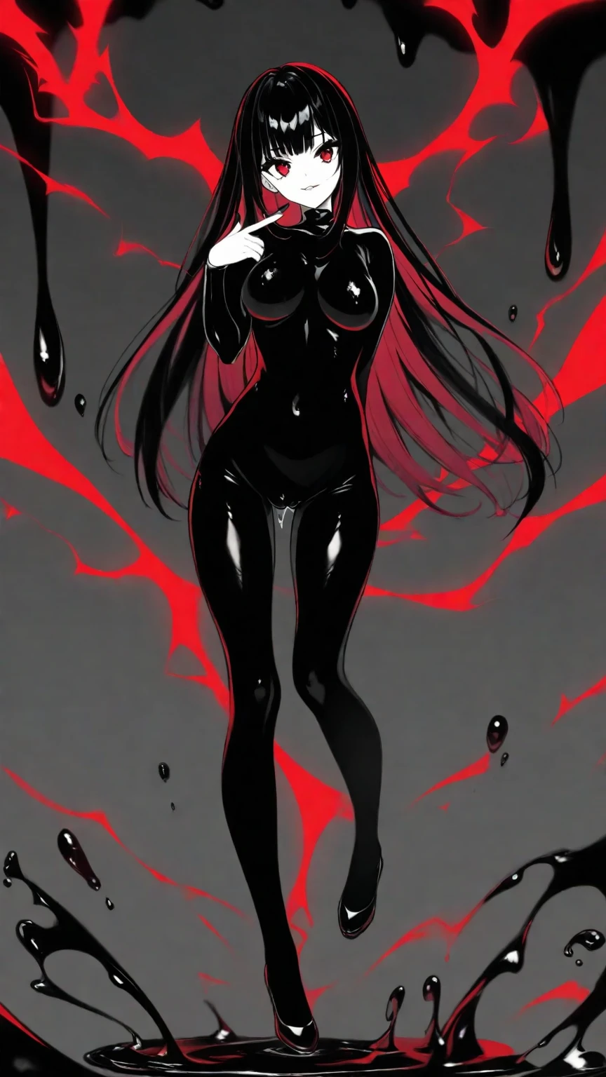 thigh up, portrait, (best quality, detailed drawn hands, realistic fingers), (masterpiece, sidelighting, finely detailed beautiful eyes: 1.2), ((Best quality)), ((masterpiece)), (highly detailed:1.3), anime, young girl, hands is hidden, sticky body, melting, dripping with goo drops, black body color, black skin, (shadow cast on eyes, darkened eyes, red eyes) , (smirk, evilish smile, mischevious smile) , (very long hair, black hair, fancy haircut) , (hands covered in red slime, red hands, red colored arms), (girl is wearing red stockings, solo, red colored legs, red pantyhose), covered in slime, dripping, sitting in puddle of goo, submerged in goo, no clothes, no legs, open mouth, slimy tongue,