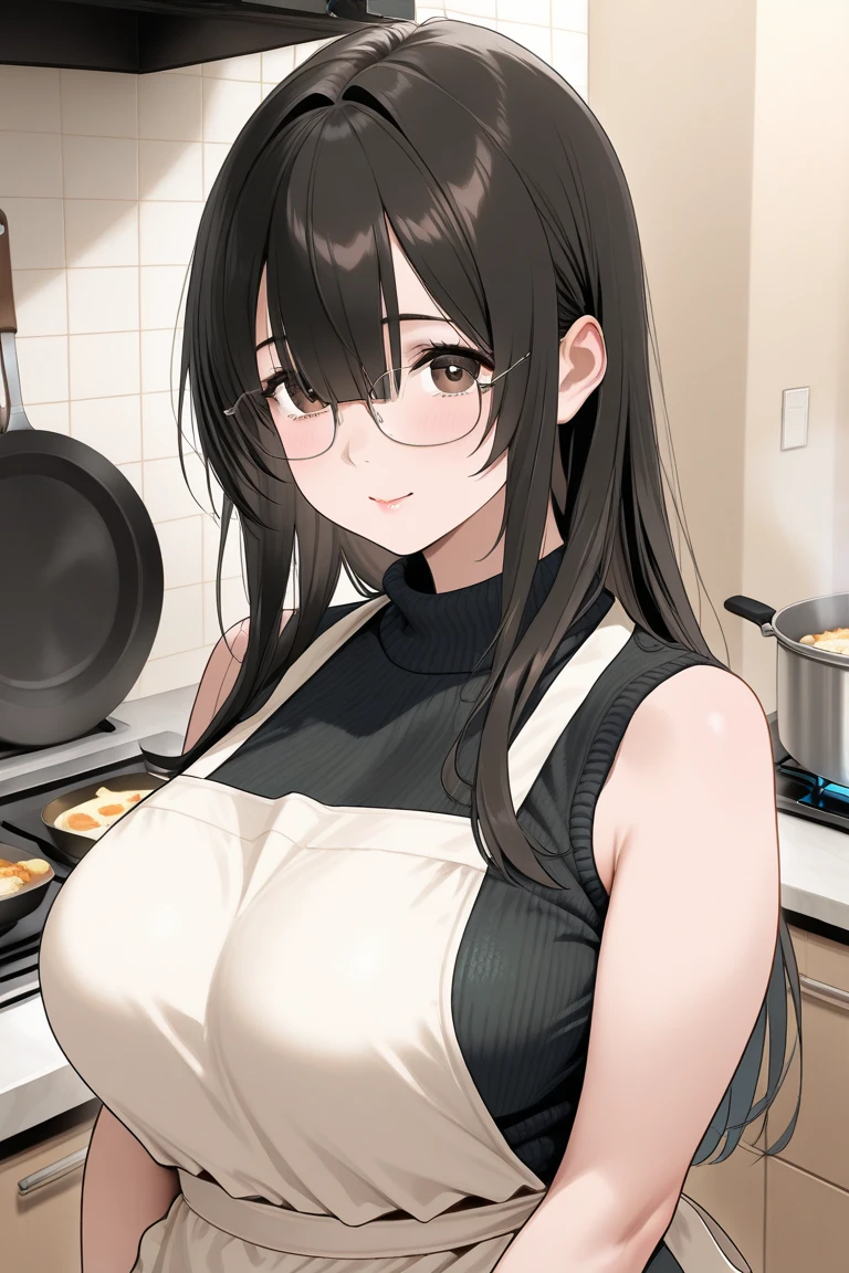 highest quality、High resolution、8K、detailed background、Beautiful teenage girl、beautiful and detailed face、beautiful and smooth skin、skin texture、Black square glasses 、cuteポニーテール,(big breasts:1.2)、cooking、cute