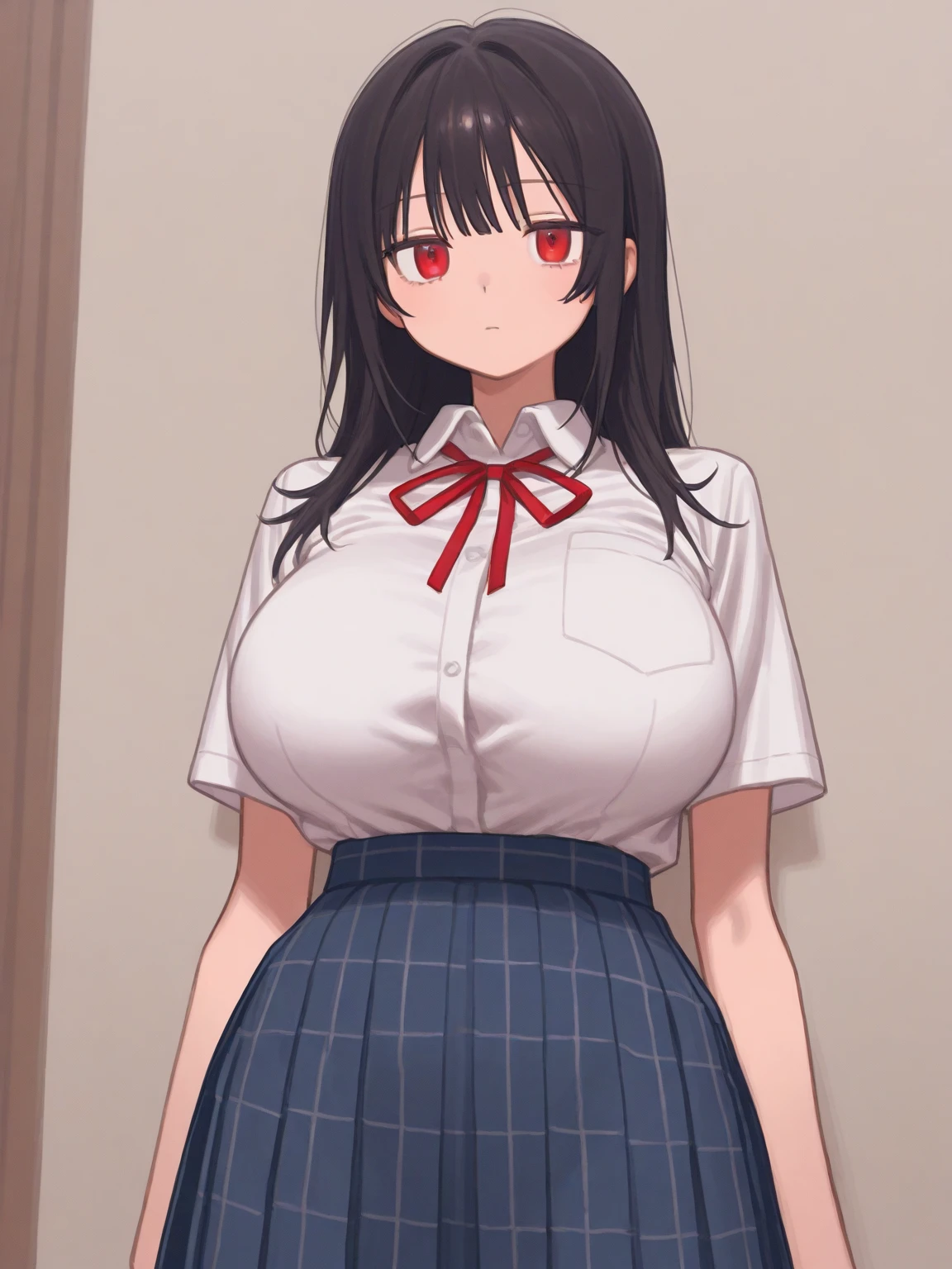(((Pixel Perfect, Perfect in every detail))), alone, One girl, tamako kitashirakawa, , View Viewer, smile, （High School Uniform）、(Huge breasts:1.5)、Black knee-length pleated skirt with suspenders、White shirt、Brown Hair、Part your bangs in the middle、Long Hair