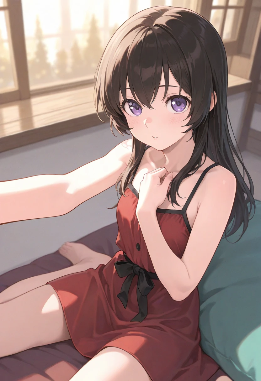 masterpiece, best quality, ultra-detailed, illustration, warm lighting, bright colors, 1girl, solo, long_hair, bangs, swept_bangs, star shaped pupil_eyes, violet_hair,

red_dress, arms up, arm pits, shaded face,red outfit,

a woman in a red and black dress with long hair,
ai Hoshino a woman in a red dress with a long skirt,