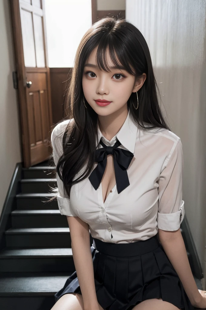 Highest quality、masterpiece、8k、Very detailed、Realistic、(One girl)、(Looking at me with a smile:1.5)、whole body、(Black Hair)、Small face、(Slender:1.2)、(Big Breasts:1.2)、(White business shirt with buttons and a collar:1.2)、(short tight skirt in gray,:1.2)、(Grey business jacket:1.2)、(Open your mouth wide and stick out your tongue:1.4)、(Make a ring with your hand around your mouth:1.4)
